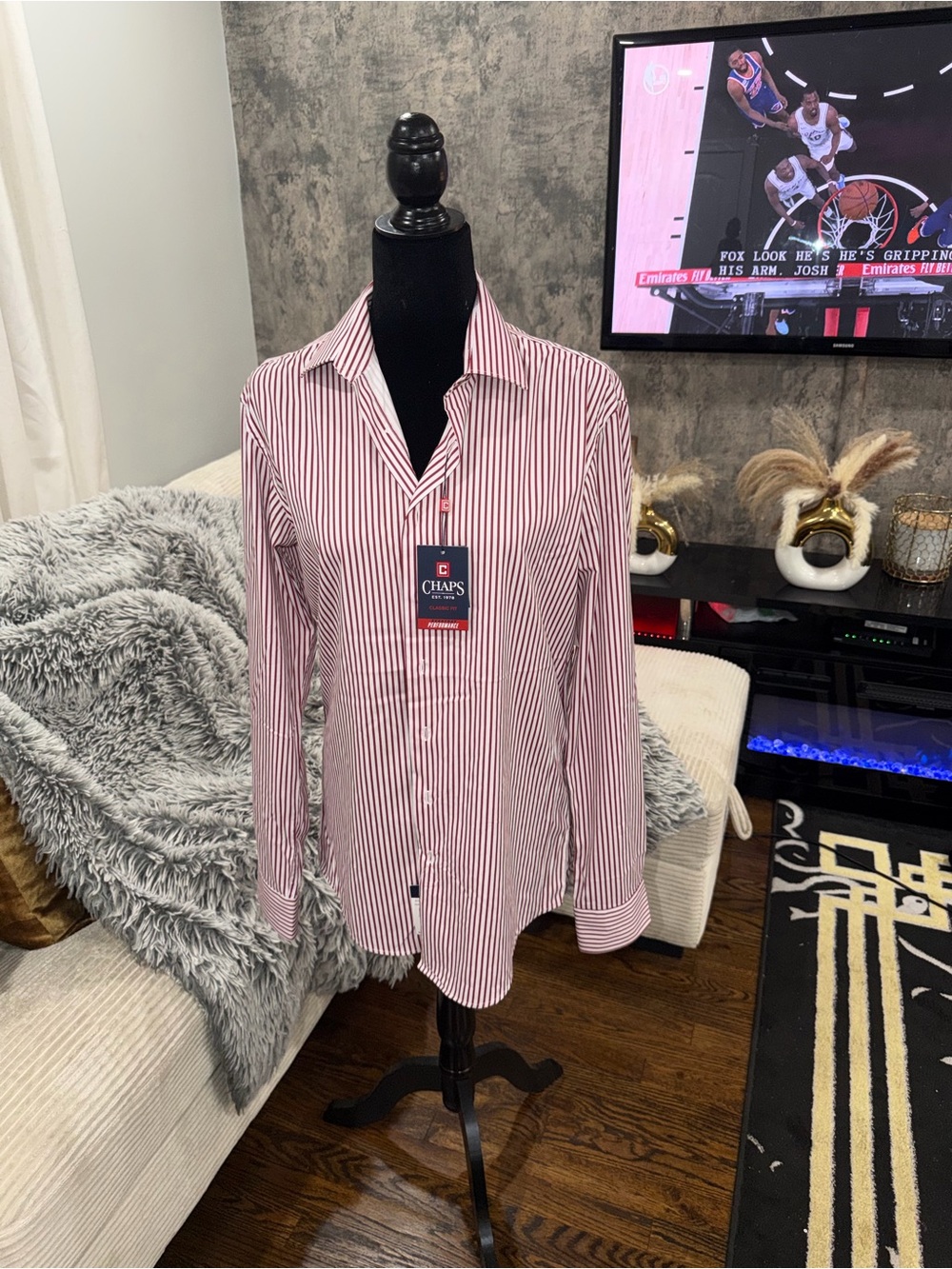 Chaps Men’s Red & White Vertical Stripe Dress Shirt
